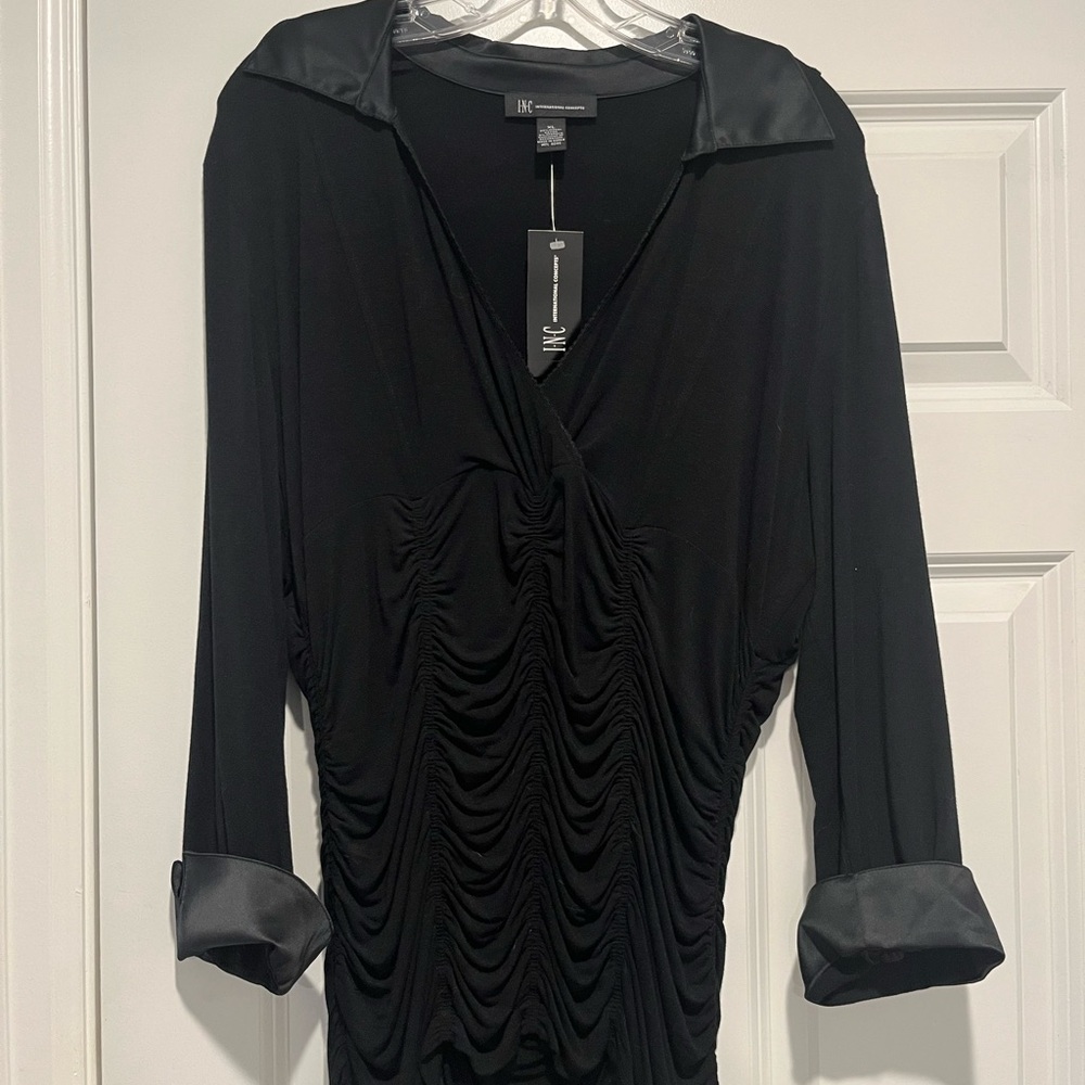 INC International Concepts Black Ruched V-Neck Top